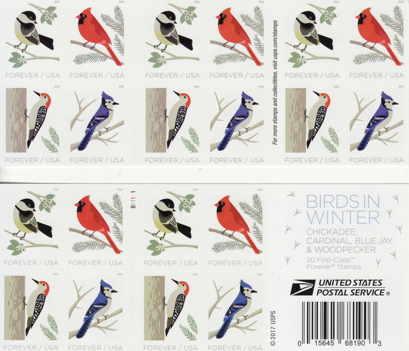 Birds in Winter 2018 - 5 Booklets / 100 Pcs - USTAMPS